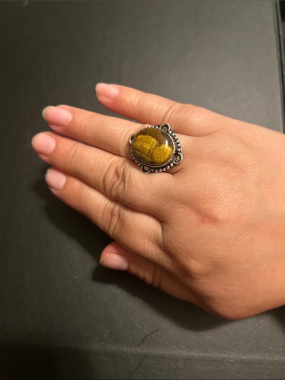 Handcrafted Tiger's Eye Sterling Silver Statement Ring - Yellow Brown